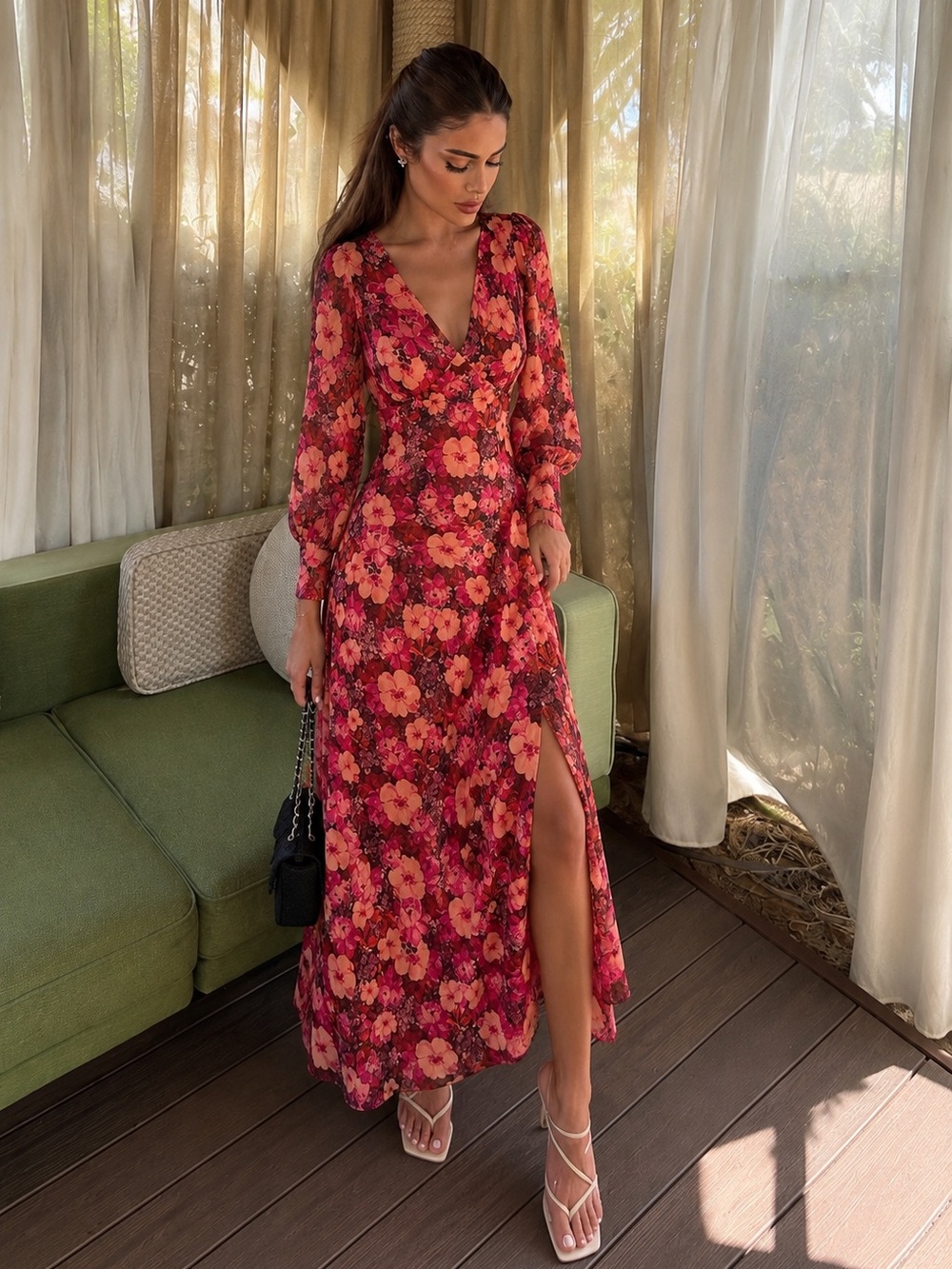 Vici Pink & Coral Floral V-Neck Maxi Dress